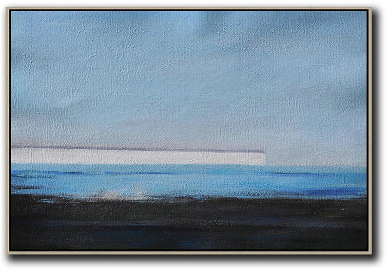 Large Abstract Art Handmade Oil Painting,Horizontal Palette Knife Contemporary Art,Modern Canvas Art,Blue,White,Grey,Black.etc